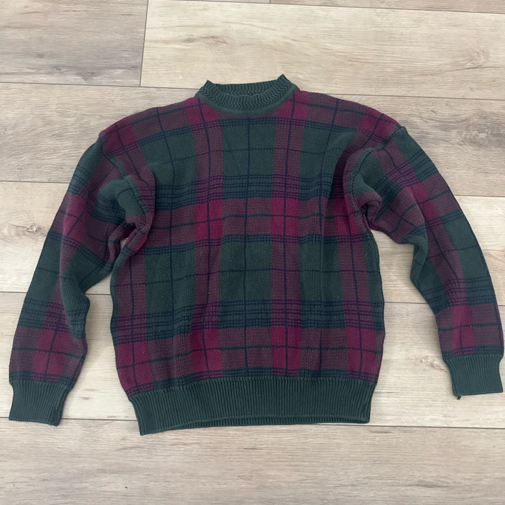 Vintage Green and Burgundy Plaid Cotton Sweater